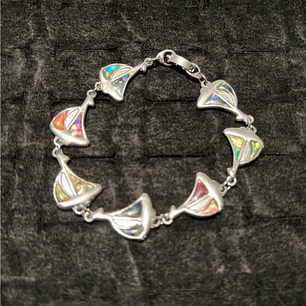 Silver and Opal sail boat Women's 8” Bracelet